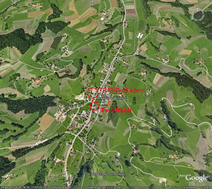 Lage der Dorf-Chäsi und des TRIO-Dorfladens in Hergiswil